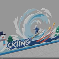 Skiing Themed Winter Decoration Scene With Skier Snow Wave Snowman And Trees