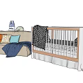 Cozy Baby Crib with Modern Sofa Colorful Pillows Soft Blanket and Blue Stuffed Toy