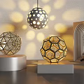Geometric Spherical Decorations With Hanging Lamp And Light Effects On Display Stands