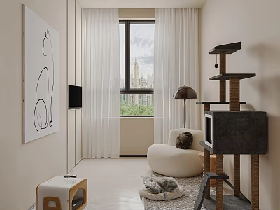 Cozy Lounge Room With Cat Tree Round Sofa And Art Painting 3d model
