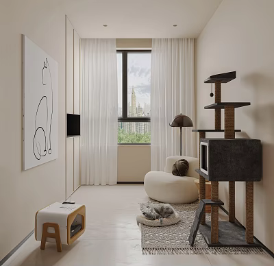 Cozy Lounge Room With Cat Tree Round Sofa And Art Painting 3d model