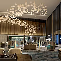Luxurious Hotel Lobby With Grand Chandelier Central Sculpture Marble Floor And Front Desk