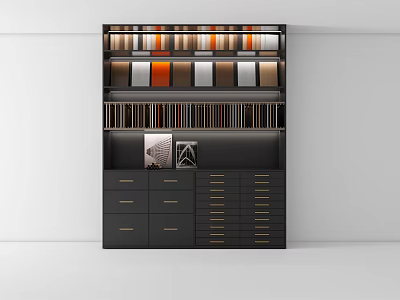 Modern Black Display Cabinet Shelf With Colorful Samples Upper Tier Display Area Golden Handle Drawers 3d model