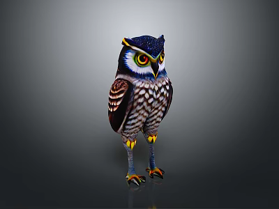 Striking Flying Owl With Blue Head Yellow Eyes Spotted Feathers And Standing Stance 3d model