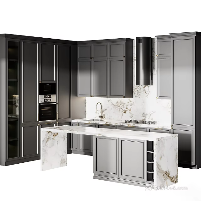 Modern Sophisticated Kitchen Interior With Dark Cabinets Marble Countertop Island And Range Hood 3d model 