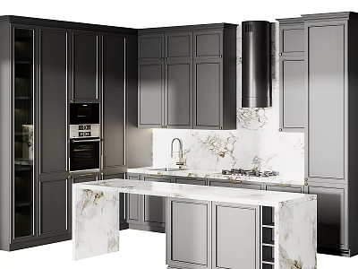 Modern Sophisticated Kitchen Interior With Dark Cabinets Marble Countertop Island And Range Hood 3d model