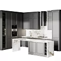 Modern Sophisticated Kitchen Interior With Dark Cabinets Marble Countertop Island And Range Hood