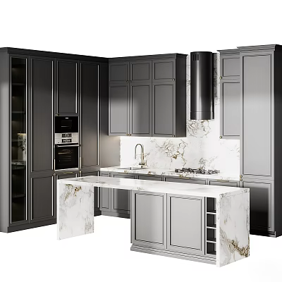 Modern Sophisticated Kitchen Interior With Dark Cabinets Marble Countertop Island And Range Hood 3d model