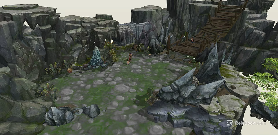 Natural Stone And Wooden Outdoor Scene With Green Mossy Grass And Rocks 3d model 