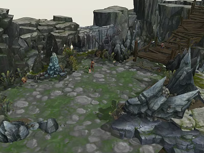 Natural Stone And Wooden Outdoor Scene With Green Mossy Grass And Rocks 3d model