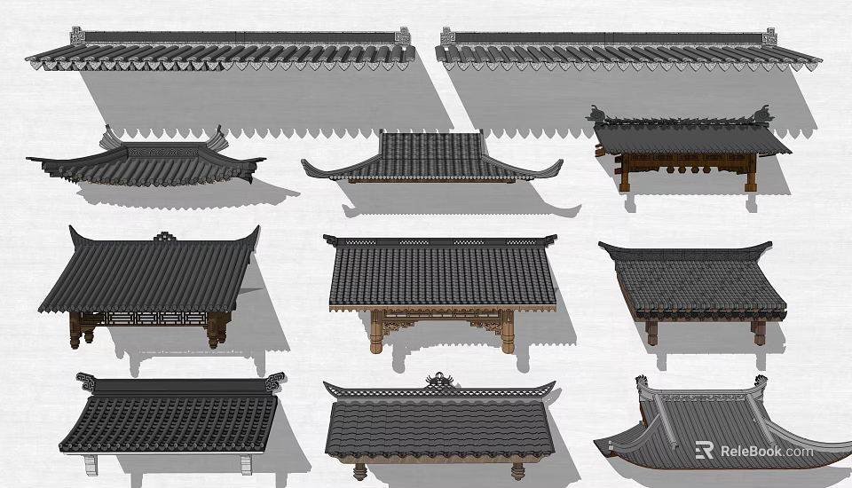 Traditional Chinese Roof Components With Various Tile Styles And Structural Details 3d model 