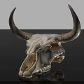 White Cow Skull With Large Curved Horns And Natural Bone Texture On Black Background