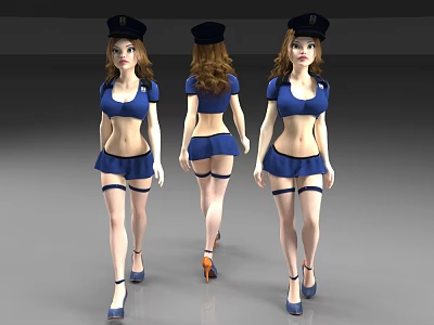 Game Movie Female Character in Blue Uniform Short Skirt Hat High Heels Multiple Angles 3d model