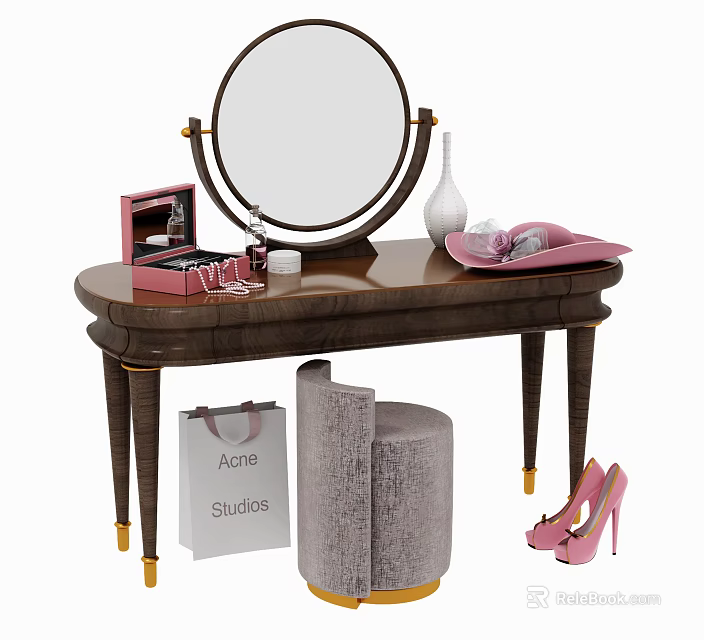 Elegant Classic Dressing Table with Round Mirror Walnut Surface Stool and Cosmetic Case 3d model