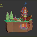 Cartoon Scene With Red And Blue House Green Trees Wooden Logs Ladder And Grassy Base