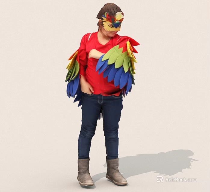 Vibrant Person Wearing Red Shirt With Colorful Feather Wings And Mask 3d model 