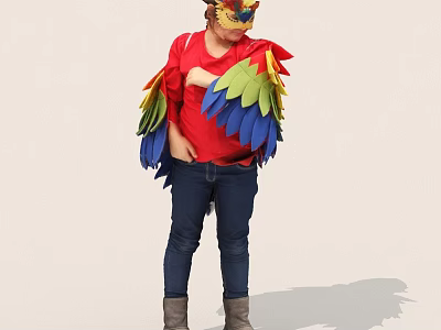 Vibrant Person Wearing Red Shirt With Colorful Feather Wings And Mask 3d model