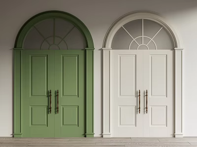 Green And White Double Doors With Arched Top Metal Handles On Light Wall Wooden Floor 3d model