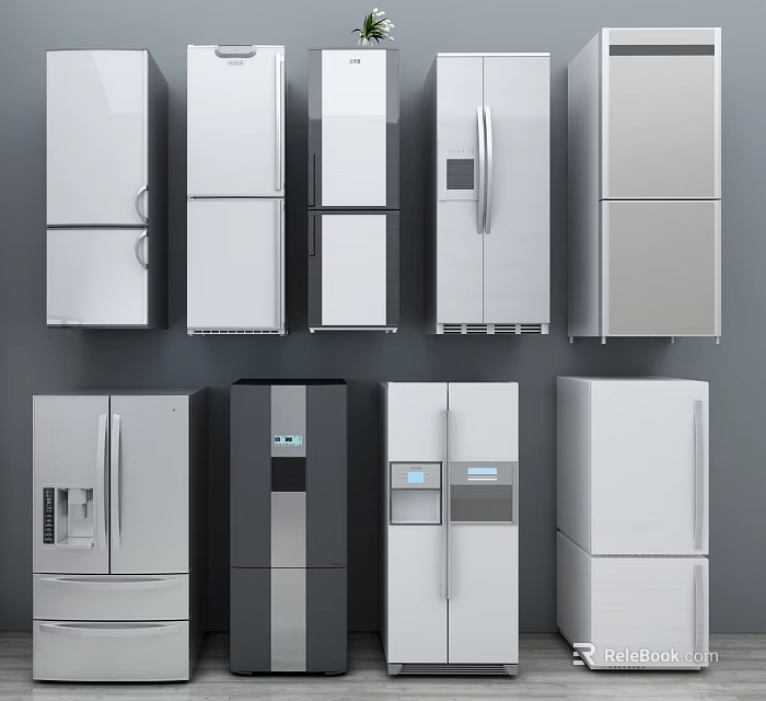 Diverse Modern Refrigerators And Freezers With Different Designs Sizes And Styles For Home Kitchens 3d model 