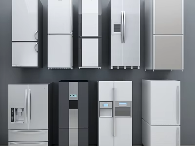Diverse Modern Refrigerators And Freezers With Different Designs Sizes And Styles For Home Kitchens 3d model