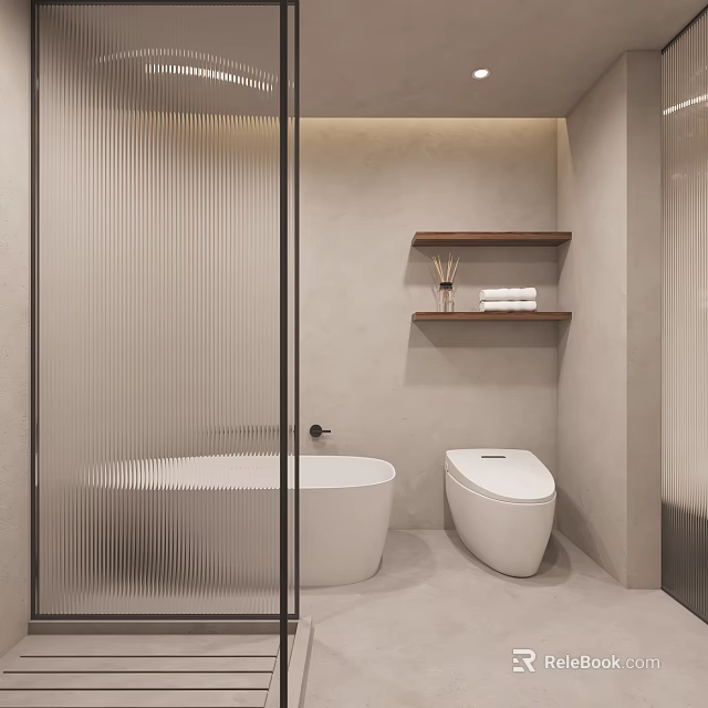 Modern Minimalist Bathroom with Glass Shower Enclosure Freestanding Bathtub Wooden Shelves Towels and Toiletries 3d model 