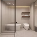 Modern Minimalist Bathroom with Glass Shower Enclosure Freestanding Bathtub Wooden Shelves Towels and Toiletries