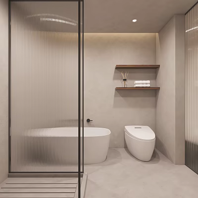 Modern Minimalist Bathroom with Glass Shower Enclosure Freestanding Bathtub Wooden Shelves Towels and Toiletries 3d model