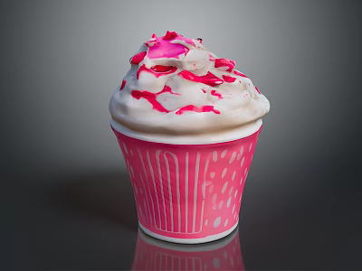 Creamy Ice Cream With Whipped Cream In Pink Cup With White Dots And Stripes 3d model