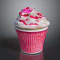 Creamy Ice Cream With Whipped Cream In Pink Cup With White Dots And Stripes