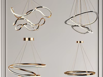 Modern Stylish Gold And Silver Chandeliers With Circular Curved Designs For Interior Decoration 3d model