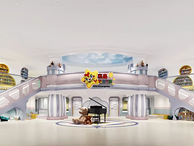 Spacious Kindergarten Play Area With Piano Teddy Bear Double Staircases And Blue Sky Decor 3d model