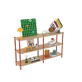 Stylish Red Frame Decorative Shelf with Books Table Lamp Decorative Items and Glass Ornaments