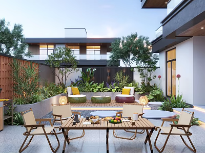 Courtyard Garden Design With Outdoor Dining Table Chairs Green Plants And Cozy Seating Area 3d model