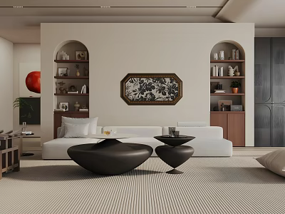 Modern Living Room Interior Design With White Sofa Black Round Coffee Tables And Arched Bookshelves 3d model