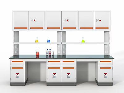 Laboratory Workbench Setup With White Cabinets Drawers And Colorful Beakers 3d model
