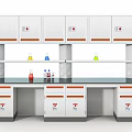 Laboratory Workbench Setup With White Cabinets Drawers And Colorful Beakers