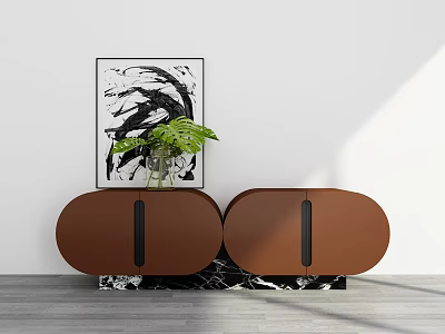 Brown Oval Shaped TV Stand With Marble Base And Green Plant Nearby Abstract Painting 3d model