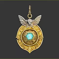 Elegant Gold Pendant With Blue Gemstone Intricate Patterns And Wing Accents