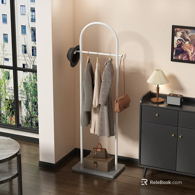 Modern White Metal Coat Rack With Hanging Clothes Hats And Bags In Living Room 3d model 