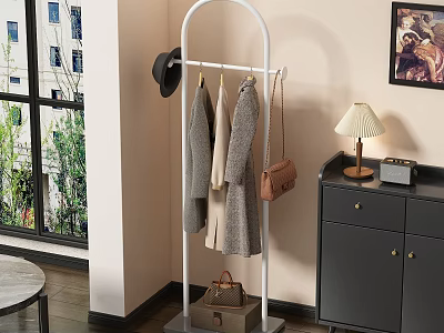 Modern White Metal Coat Rack With Hanging Clothes Hats And Bags In Living Room 3d model