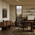 Modern Japanese Restaurant Interior With Round Wooden Table Chairs And Green Plants