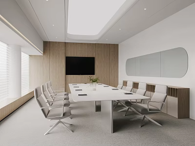 Modern Conference Room Interior With White Table Gray Chairs Wooden Walls And Wall TV 3d model