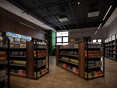 Supermarket Interior with Shelves Stocked Various Groceries and General Merchandise Products 3d model