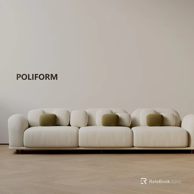 Modern POLIFORM Three Seater Sofa With Beige Upholstery And Olive Green Cushions 3d model 