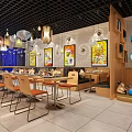 Modern Restaurant Interior With Wooden Tables Chairs White Brick Walls Pendant Lights And Decorative Paintings