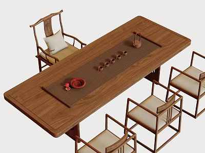 Traditional Solid Wooden Tea Table And Chairs With Tea Set And Armrest Design 3d model