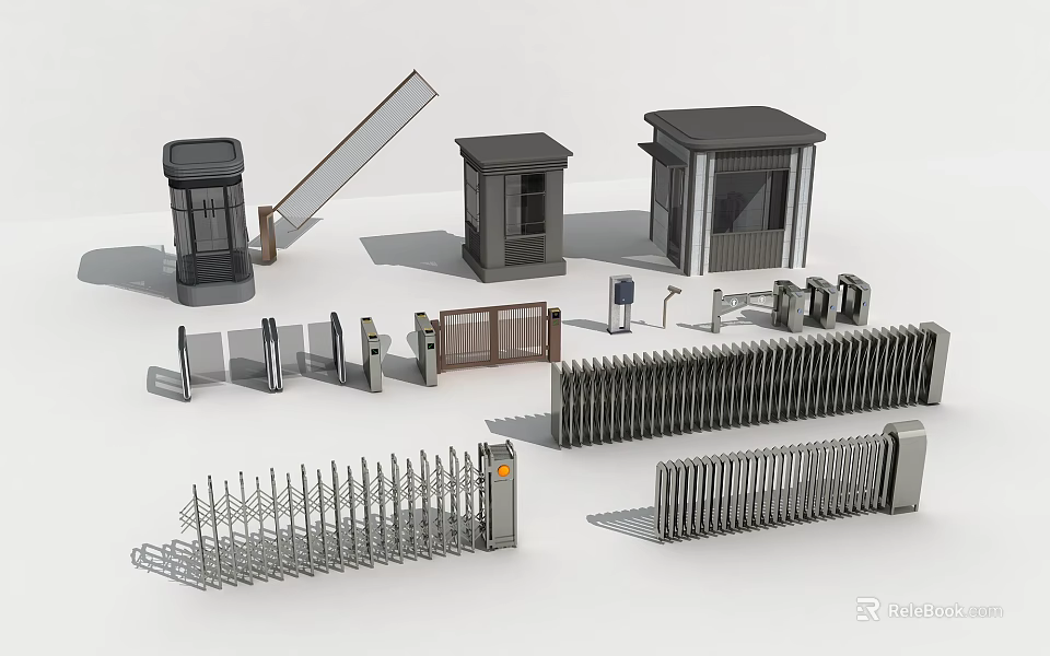 Various Security Entry Control Equipment With Booths Barriers Turnstiles And Fencing 3d model 