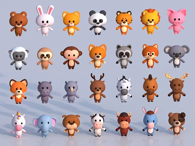 Cute Cartoon Animal Plush Toys With Various Animal Characters And Colorful Designs 3d model