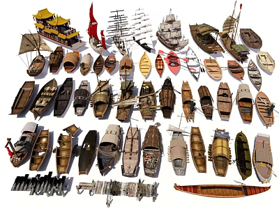 Collection of Various Traditional Wooden Boats with Sailing Masts and Classic Designs 3d model