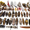 Collection of Various Traditional Wooden Boats with Sailing Masts and Classic Designs
